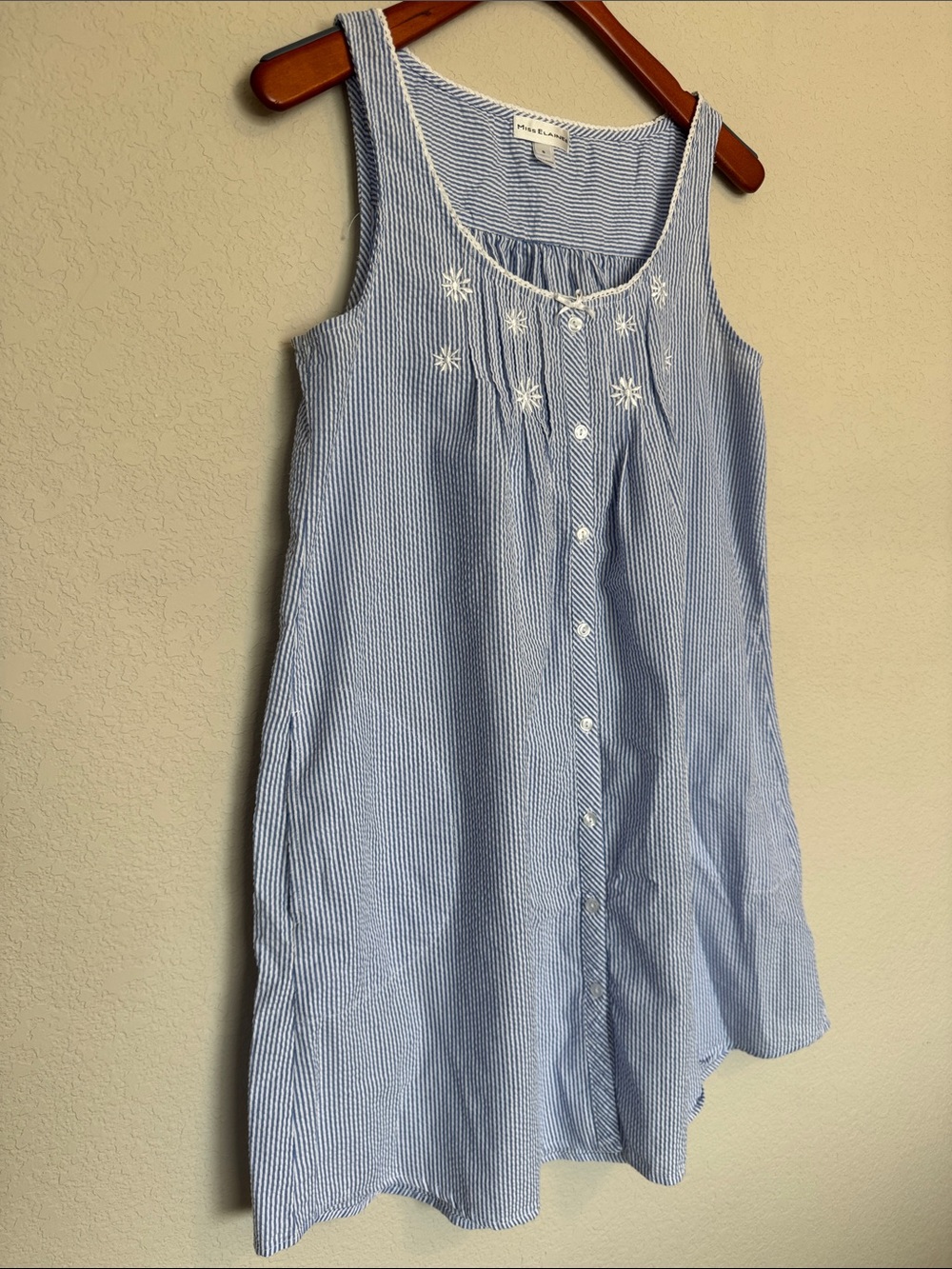 Miss Elaine Seersucker Nightgown Blue Stripe Sleeveless Embroidered